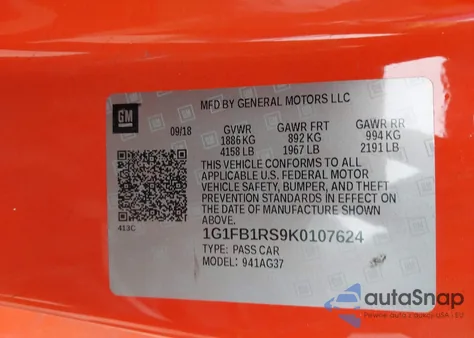 2019 Chevrolet Camaro 1Lt z USA, uszkodzony, nr VIN 1G1FB1RS9K0107624